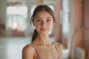 AI generated a young girl standing in dance studio wearing chiffon top photo