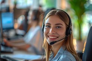 ai generado contento sonriente hembra cliente Servicio empleado vistiendo un auriculares trabajando en un oficina foto