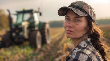 ai generado hermosa hembra granjero en un gorra con un tractor en el antecedentes foto