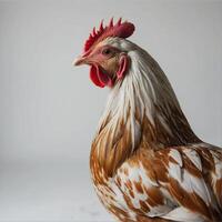 un cerca arriba de un gallo con un blanco y marrón cabeza foto