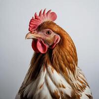 un cerca arriba de un gallo con un blanco y marrón cabeza foto