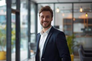 AI generated Smiling confident young businessman looking at camera standing in office photo