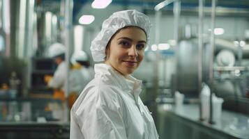 ai generado un comida industrial producción mujer trabajador en lleno la seguridad ropa foto