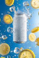 AI generated A white can of energy drink with drops and ice cubes surrounded by lemons photo