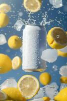 AI generated A white can of energy drink with drops and ice cubes surrounded by lemons photo