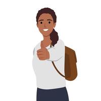 Young college student backpacking woman with thumbs up happy. vector