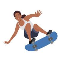 joven sonriente mujer montando en patinar tablero. vector