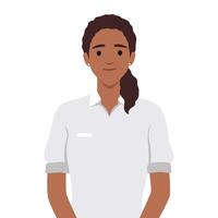 mujer cajero sonrisas Al por menor trabajador con uniforme en pie y sonriente con lentes vector