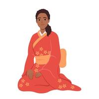 mujer en kimono furisodio sentado en el piso saludo. vector