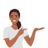 Young woman point up at good deal or offer. Happy girl show with fingers up recommend good sale or discount. Copy space vector