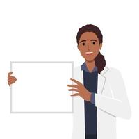 Doctor holding blank board in his hands. Doctor female personage presenting sign. vector