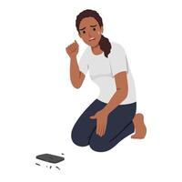 triste mujer llorando porque de roto móvil teléfono en piso. vector