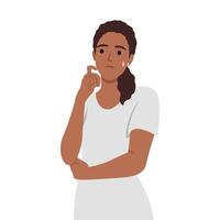 Woman standing and thinking hand on chin curious about something vector