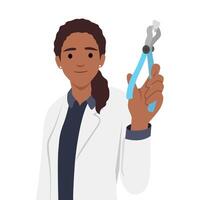 Young dentist woman holds syringe and tongs. Young shy female nurse doctor smiling vector