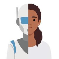 Profile portrait picture face of half robot half human. Woman cyborg. vector