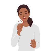 Young woman coughing with fist in front of mouth vector