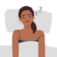 Woman sleeping and snoring. Snore health problem concept vector