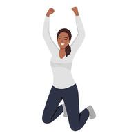 Excited woman rejoices and celebrates triumph, kneeling and raising hands up from joy. vector