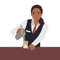 Young woman bartender making cocktail. vector