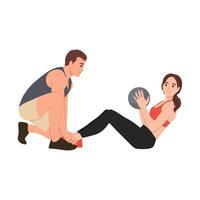 Couple of young people do sit up exercise with medicine ball. vector