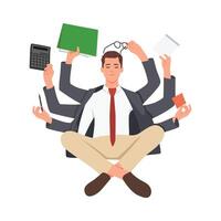 Businessman practicing mindfulness meditation multitasking. vector