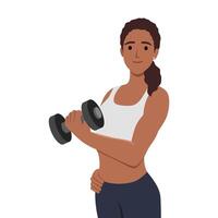 Young woman is doing exercise with dumbbell. Flat vector