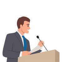 Confident man behind podium during stage speech. Speaker talking before audience. vector