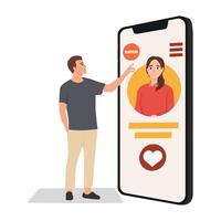 Dating app Flat Design Concept, Male and Female Sending Message with Smartphone. vector