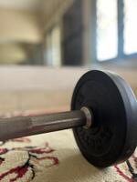 Gym equipment such as dumbbells, barbells, sit up benches and workouts photo