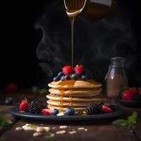 AI generated American pancakes with syrup and berries on a dark background photo