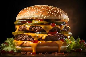 AI generated Burger, hamburger or cheeseburger on a dark background. Concept of American fast food. photo