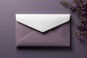 AI generated Closed envelope packaging template mockup isolated on lilac background, top view photo