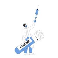 Vaccination. Virus injection syringe. Doctor with flask and syringe. Vector line art illustration.