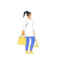 Young woman with shopping bags. Female person standing and holding her purchases. vector