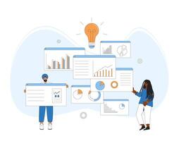 Data scientists. Business analyst concept. Characters with schemes and diagrams. Female and male financial researchers. Vector line art illustration.