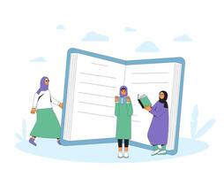 Young Muslim women with books. Coveres head female students reading books. Literature fans. vector