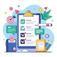 Flat design modern vector illustration concept of online survey, questionnaire form, paper sheet with checklist, pencils and other items.