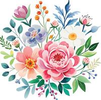 Watercolor floral bouquet with flowers and leaves. Vector illustration.