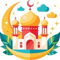 Mosque and crescent moon. Vector illustration in flat style.