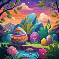 Colorful easter eggs in the meadow. Vector illustration.