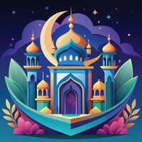 Ramadan Kareem background with mosque and moon. Vector illustration.