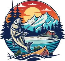 Vector illustration of a salmon fishing on a lake with mountains.