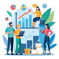 Business people working on financial charts. Teamwork, brainstorming concept. Vector illustration