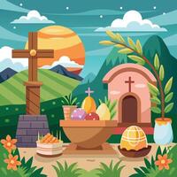 Easter eggs in a wooden bowl with a cross on the background of the mountains. Vector illustration