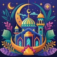 Vector illustration of Ramadan Kareem greeting card with mosque and crescent moon