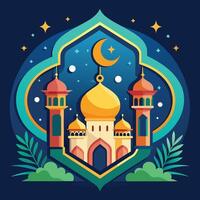 Ramadan Kareem greeting card with mosque and moon. Vector illustration