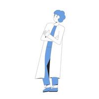 joven científico. masculino personaje vistiendo en médico uniforme en pie y pensando aislado en un blanco antecedentes. investigador . interno o alumno. vector línea Arte ilustración.