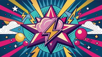 Pop art comics book style background with clouds and rays. Vector illustration