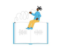 Young woman listening to audiobook. Concentrated female person sitting on a huge book with headphones. Vector illustration