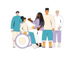 Group of diverse teenagers standing together. Young female and male friends wearing in casual clothes. Boys and girls hugging each other. Vector line illustration.